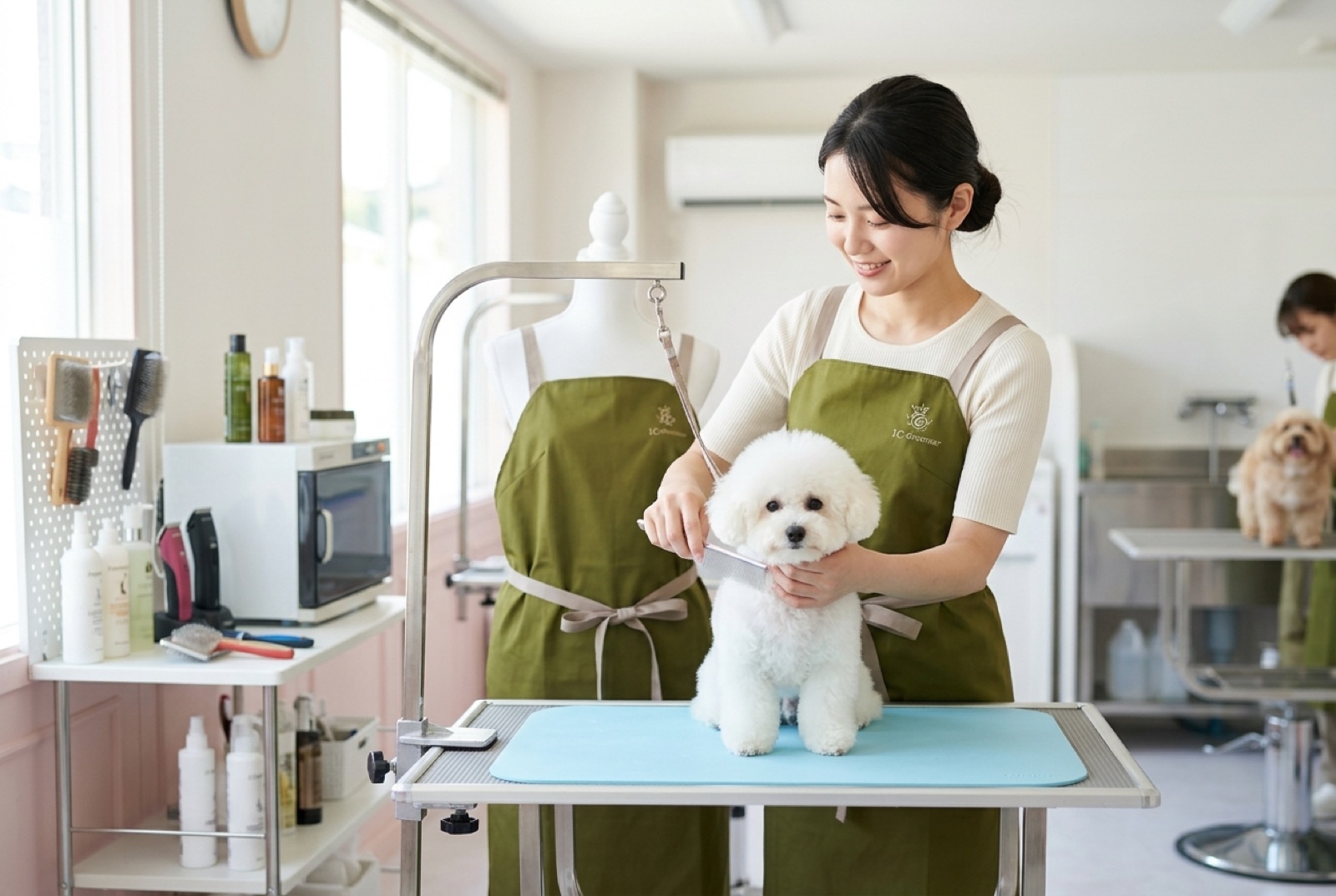 トリミングサロンで業務用エプロンを着けて施術するスタッフ