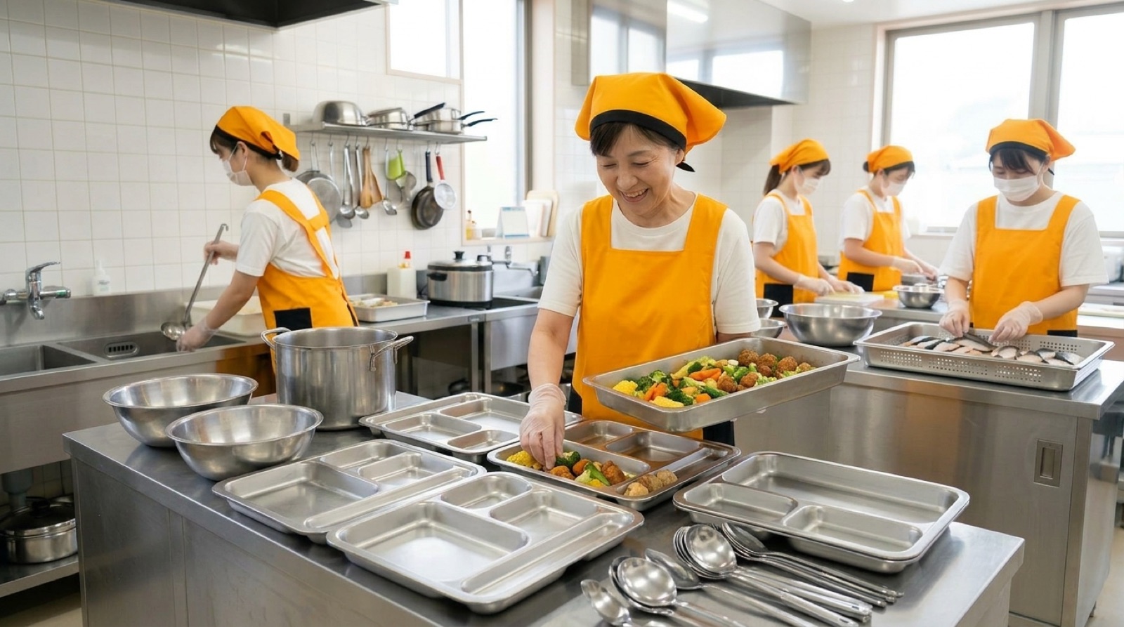 厨房・給食の現場で業務用エプロンを着けて調理するスタッフ