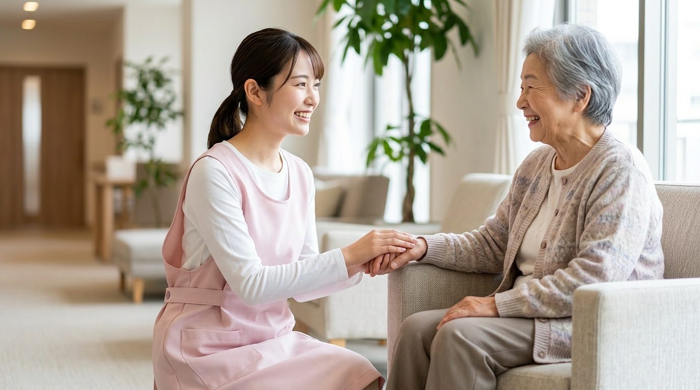介護スタッフがピンクのオリジナル制服エプロンを着て、高齢の利用者と笑顔で向かい合う介護施設のシーン｜ELEWORK