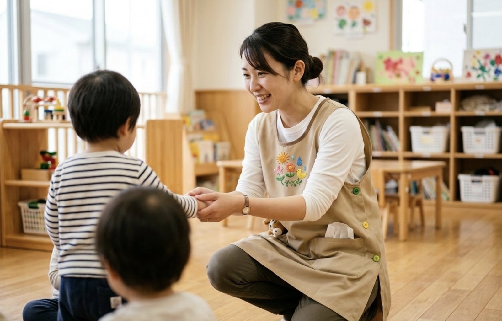 ELEWORKのオーダーメイドエプロンを着た保育士が園児と関わる様子。動きやすさと名前刺繍を両立した一着