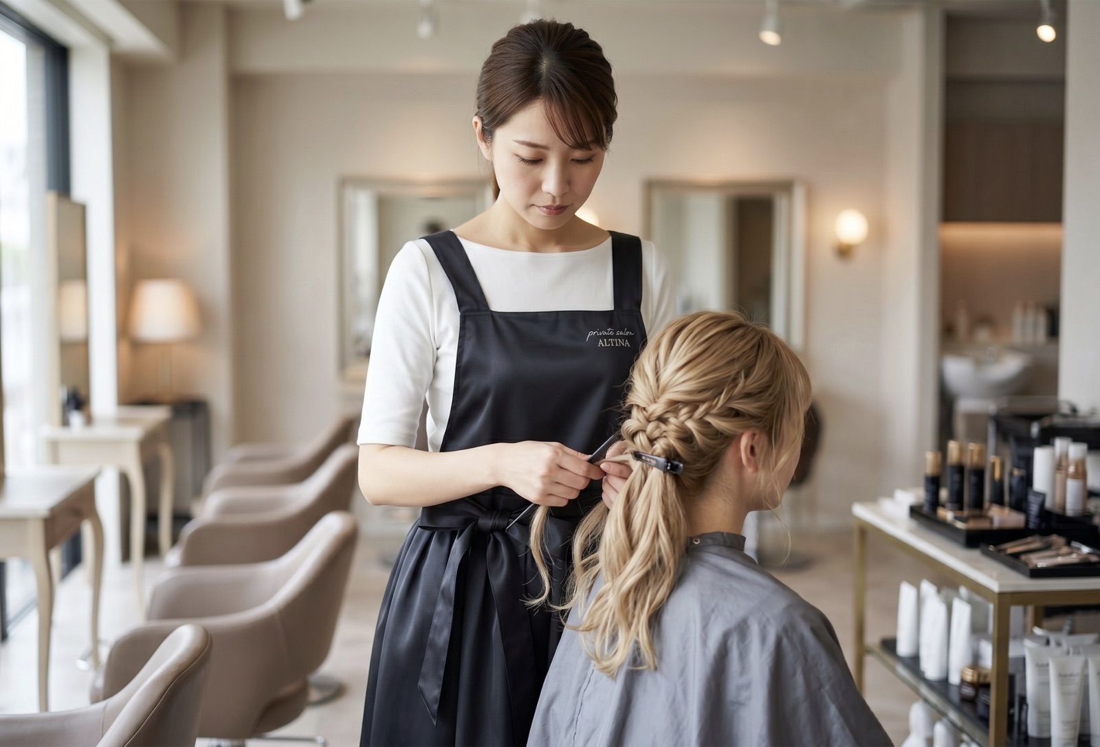 サテン素材の黒エプロンを着た美容師がサロンでヘアセットを行う様子。シルエットを魅せるオーダーメイドエプロン
